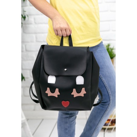 Siyah Cilt Kalp Detaylı Sırt Çantası